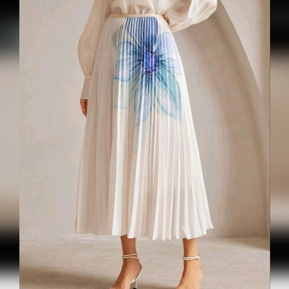 Women's Elegant Floral Print Pleated A-Line Skirt Maxi Women Outfit